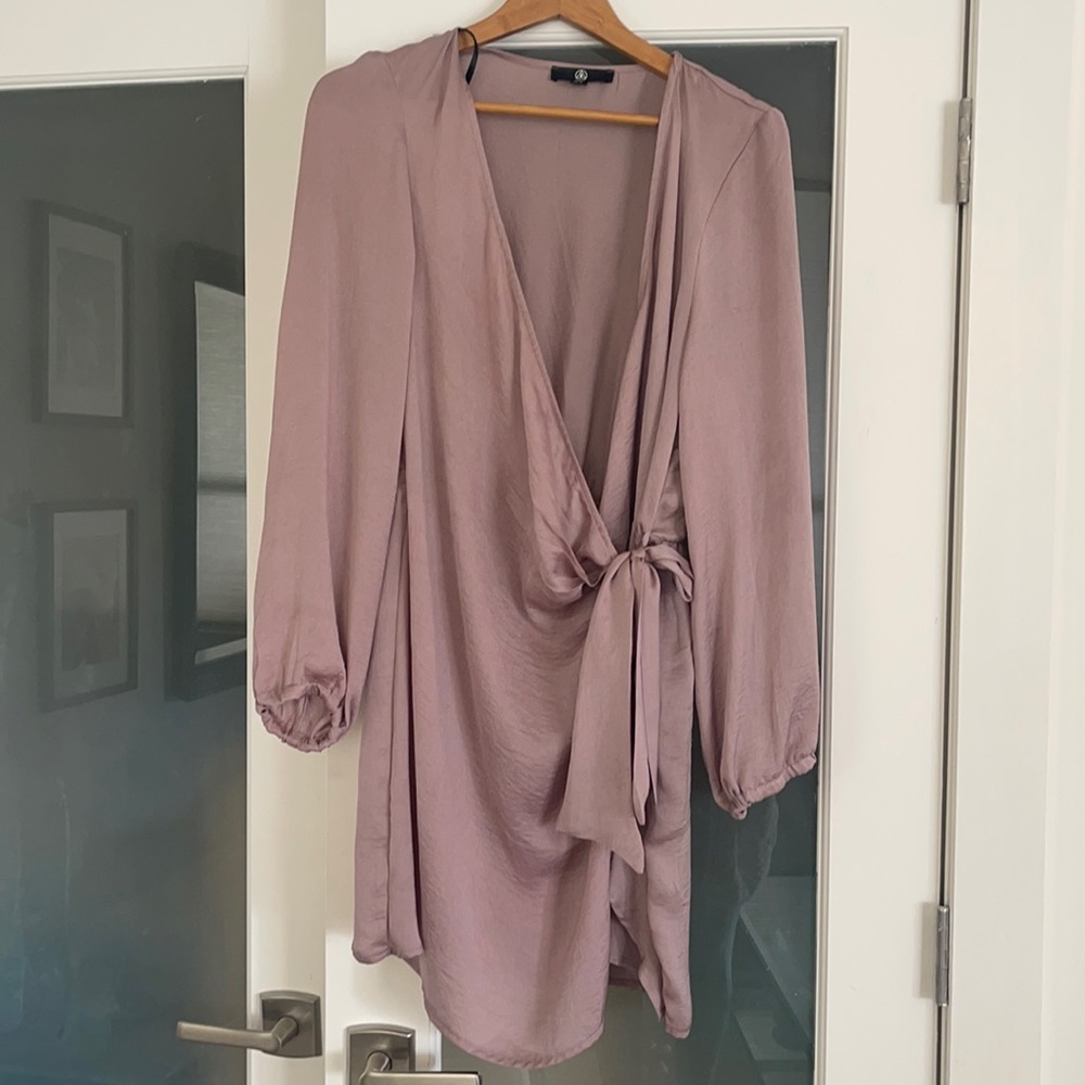 Missguided blush pink puff sleeve satin mini wrap dress size 12